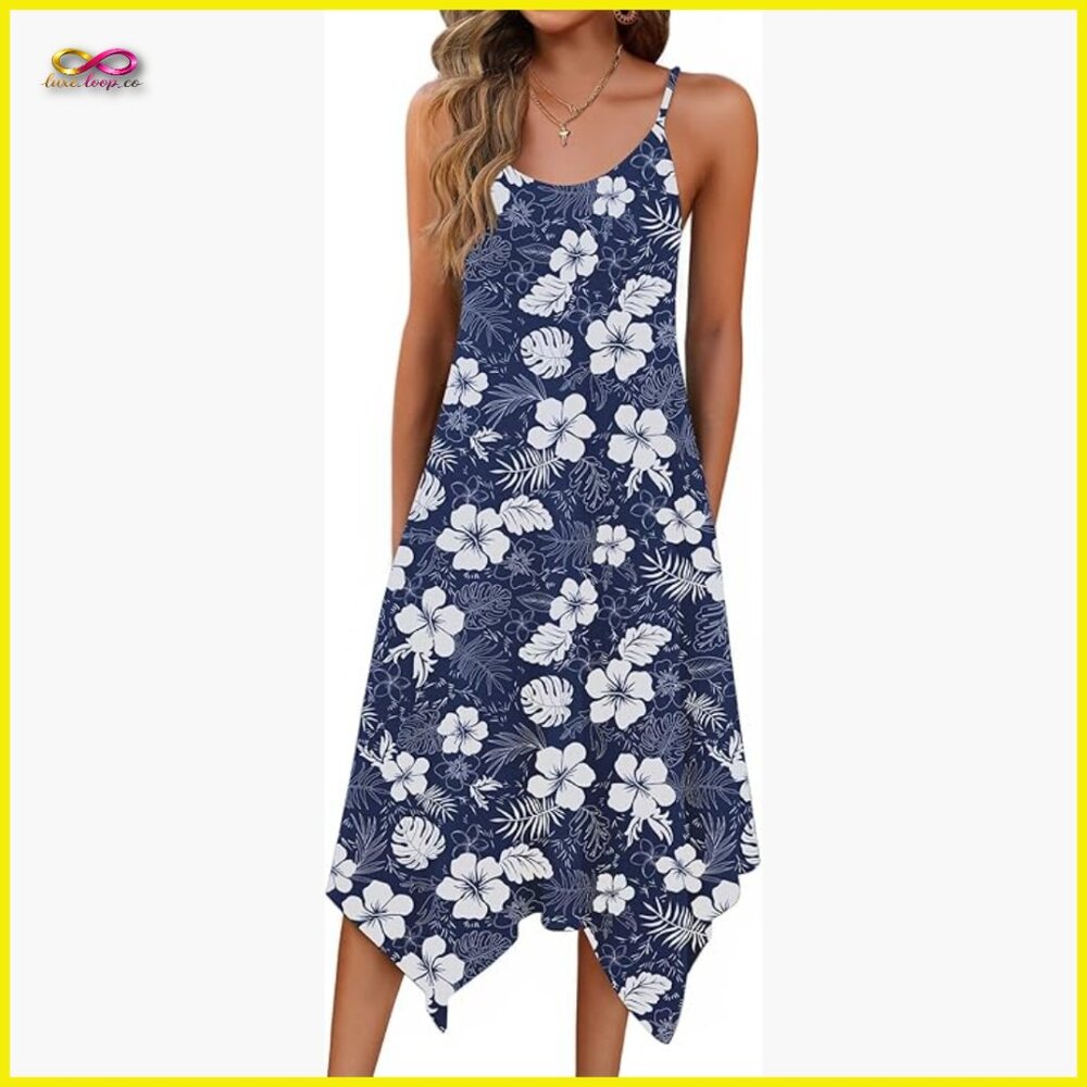 Bohemian Midi Sundress Spaghetti Strap Flowy Beach Cover Up With Pockets
